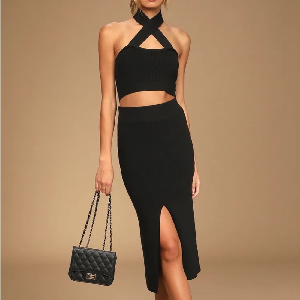 Lulus Lively and Lovely Black Halter Two-Piece Midi Dress